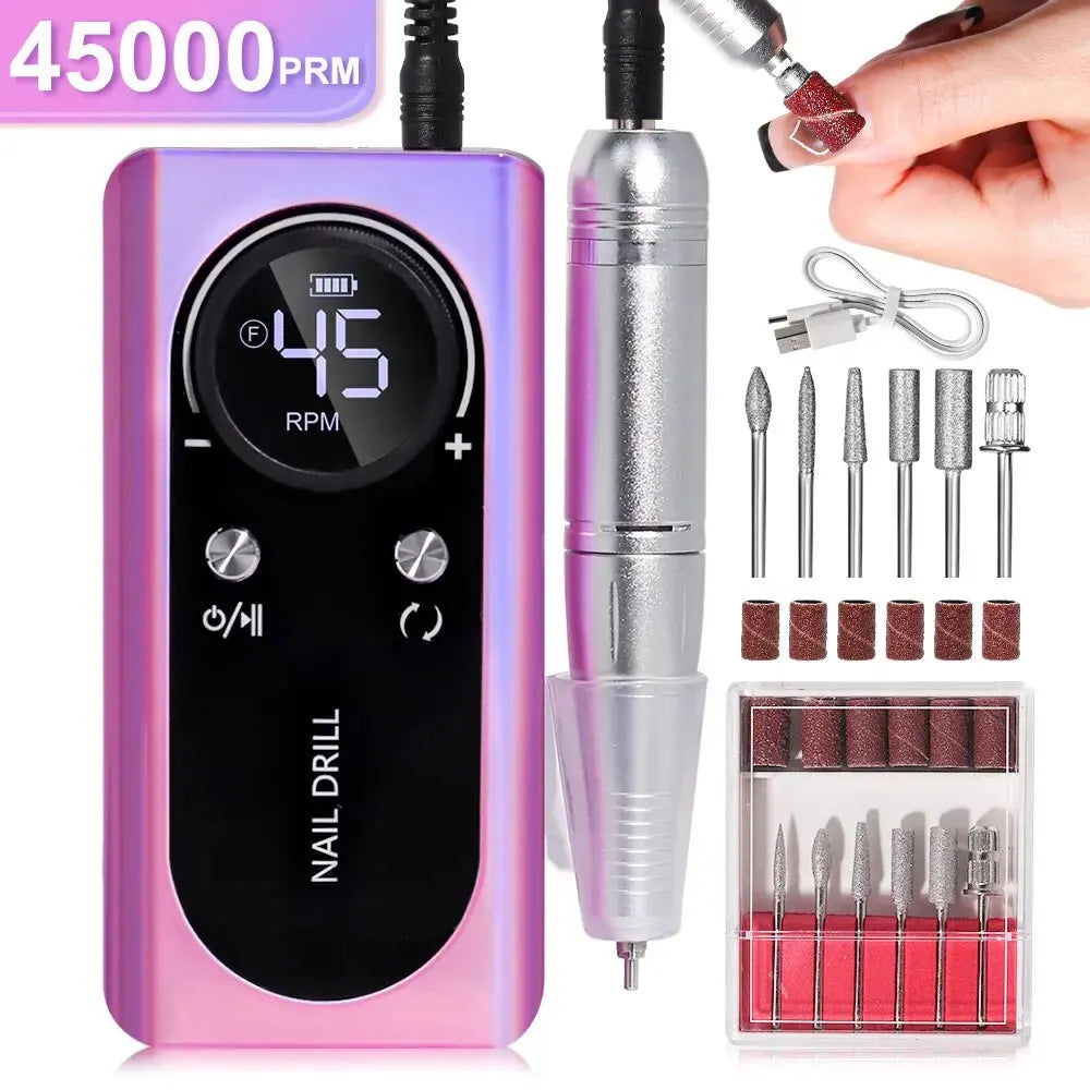 Professional 45000RPM Electric Portable Nail Drill Machine Rechargeable Low Noise Nail Sander File for Manicure Salon Tool