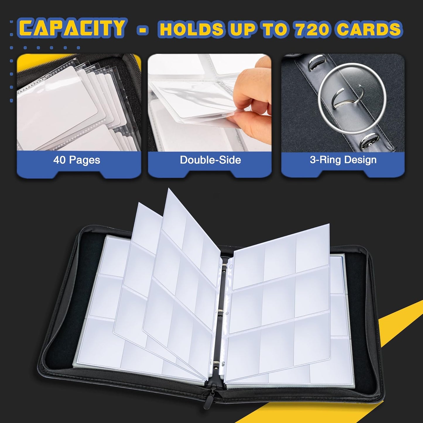 Card Binder, 9 Pocket Trading Card Album, 720 Pocket Double Sided Display Card Binder, Expandable, 3-Ring Zipper Sports Book Is Gifts for Boys and Girls, for Yugioh, MTG, TCG, Game Card & Sports Card