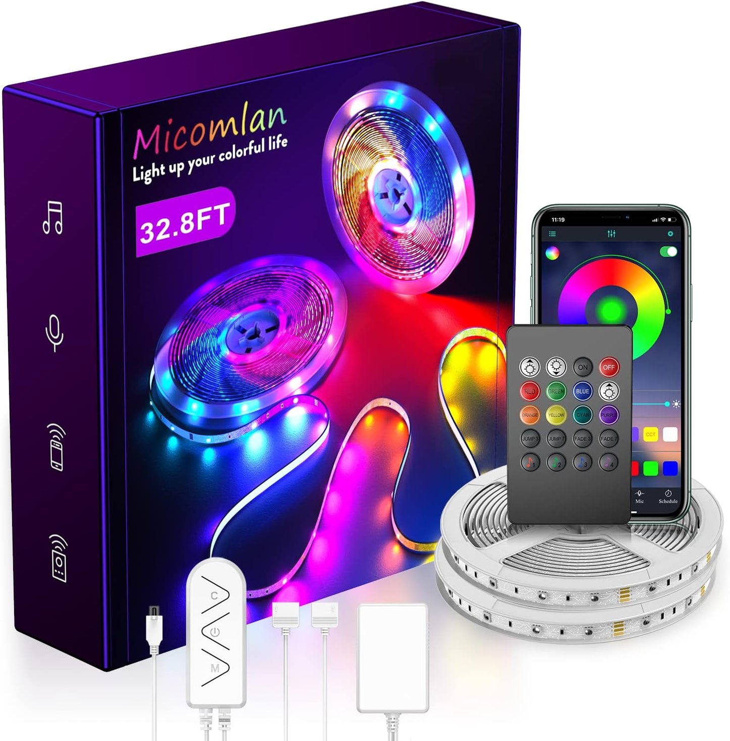 Micomlan 32.8Ft/10M LED Strip Lights,Music Sync Color Changing RGB LED Strip Built-In Mic, Bluetooth App Controlled LED Lights Rope Lights, 5050 RGB LED Light Strip(App+Remote+Mic+3 Button) (32.8FT)